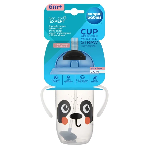 Canpol Babies, kubek niekapek ze rurką z odważnikiem, BabiesBoo, panda, od 6 miesiąca, 270 ml