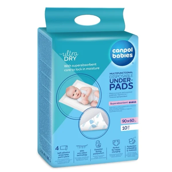 Canpol Babies, wielofunkcyjne jednorazowe podkłady higieniczne z przylepcem, superchłonne, 90 cm x 60 cm, 10 sztuk