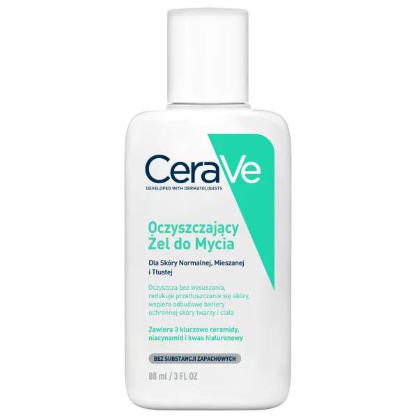 CeraVe, oczyszczający żel do mycia z ceramidami, skóra normalna i tłusta, 88 ml