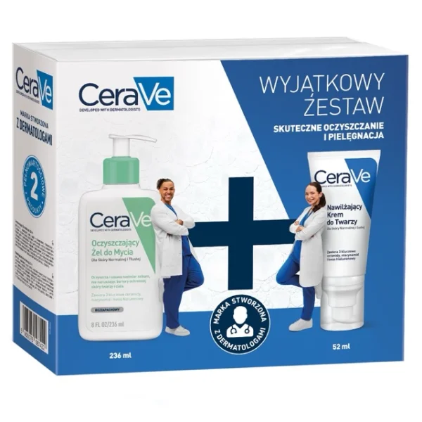 Zestaw CeraVe oczyszczający żel do mycia z ceramidami, skóra normalna i tłusta, 236 ml + nawilżający krem z ceramidami do twarzy, skóra normalna i sucha, 52 ml