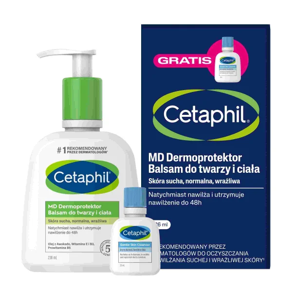 Cetaphil MD Dermoprotektor, balsam do twarzy i ciała, 236 ml + Cetaphil EM, emulsja micelarna do mycia, mini produkt, 29 ml gratis