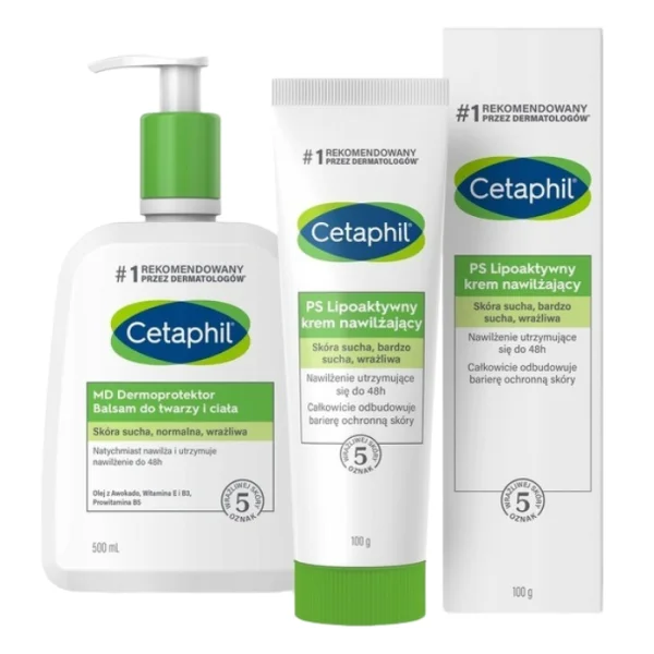 Cetaphil MD Dermoprotektor, balsam nawilżający do twarzy i ciała 500 ml + Cetaphil PS, lipoaktywny krem nawilżający, skóra sucha, bardzo sucha, wrażliwa, 100 g