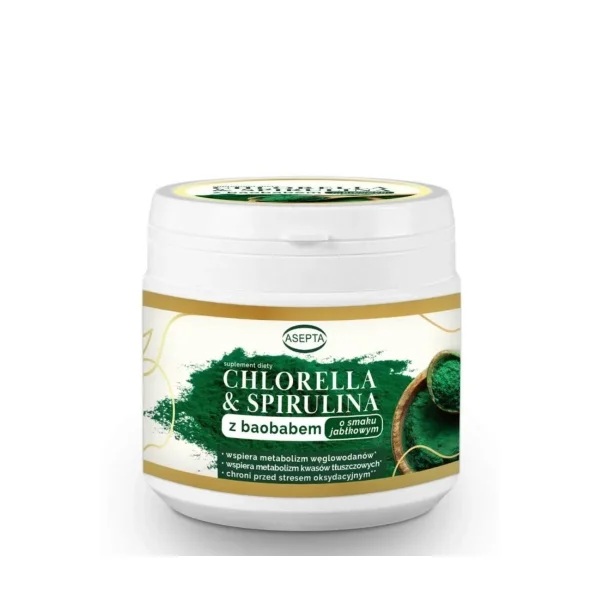 Asepta Chlorella & Spirulina z baobabem, o smaku jabłkowym, 150 g