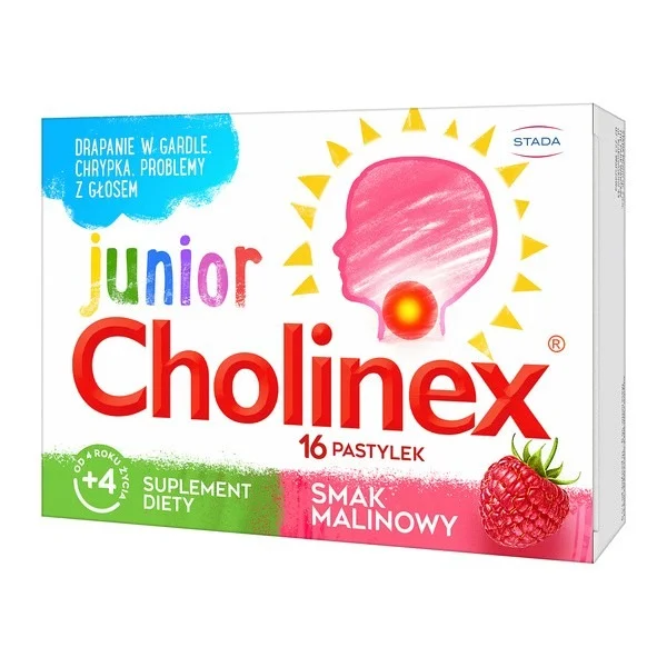 Cholinex Junior, dla dzieci od 4 lat, smak malinowy, 16 pastylek do ssania