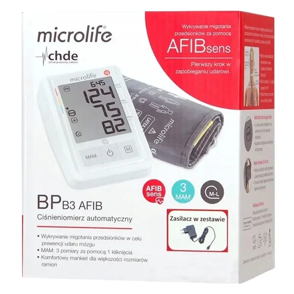 Microlife BP B3 AFIB, automatyczny ciśnieniomierz naramienny z zasilaczem