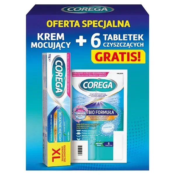 Corega Zestaw, krem delikatnie miętowy, 70 g +  tabletki czyszczące, 6 sztuk