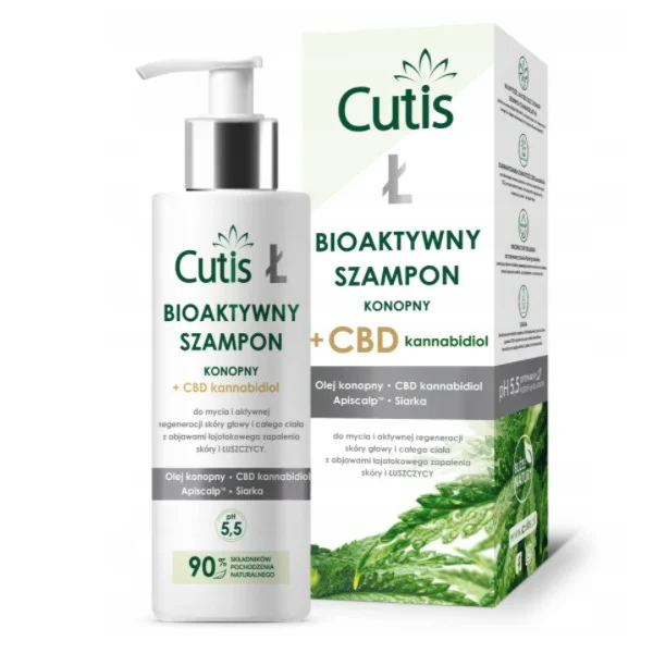 Cutis Ł-Łuszczyca, bioaktywny szampon konopny + CBD, łuszczyca, łojotokowe zapalenie skóry, 200 ml