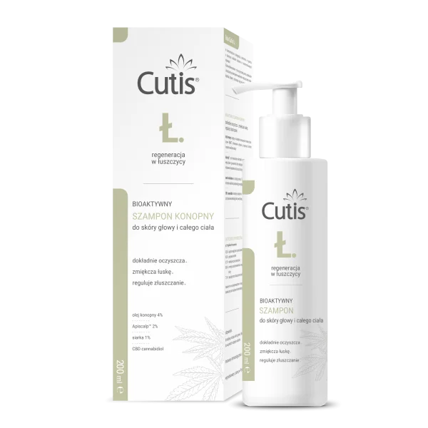 Cutis Ł-Łuszczyca, bioaktywny szampon konopny + CBD, łuszczyca, łojotokowe zapalenie skóry, 200 ml
