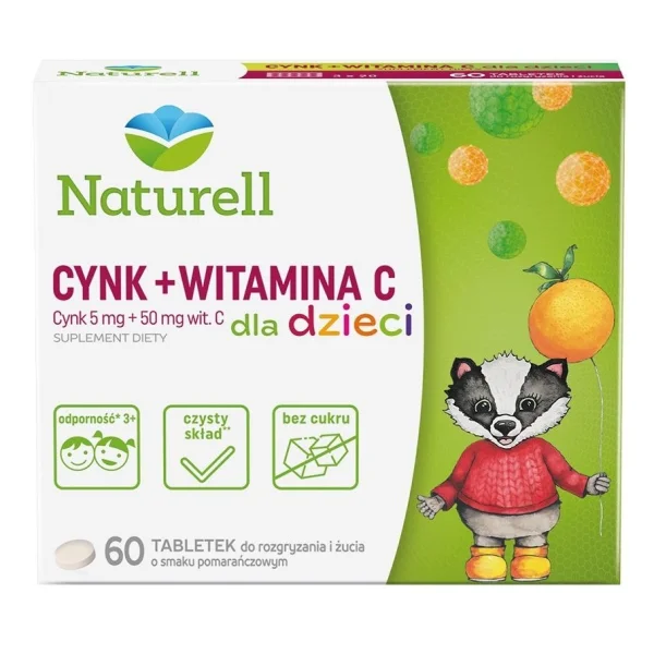Naturell Cynk + Witamina C dla dzieci o smaku pomarańczowym, 60 tabletek do rozgryzania i żucia