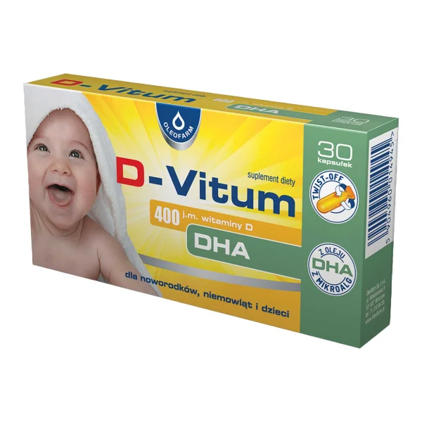 D-Vitum, witamina D + DHA dla noworodków, niemowląt i dzieci 400 j.m., 30 kapsułek twist-off