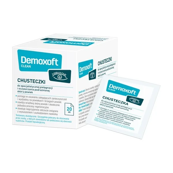 Demoxoft Clean, chusteczki do specjalistycznej pielęgnacji i oczyszczania skóry powiek, 20 sztuk