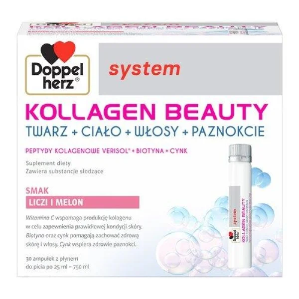 Doppelherz System Kollagen Beauty, smak liczi i melona, 25 ml x 30 ampułek