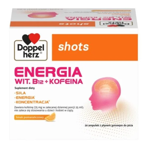 Doppelherz Shots Energia, płyn, smak pomarańczowy, 25 ml x 20 ampułek