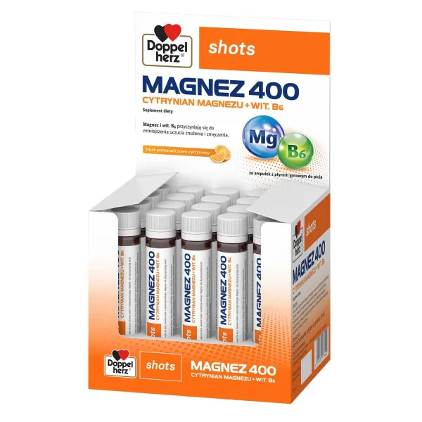 Doppelherz Shots Magnez 400, płyn, smak pomarańczowo-cytrynowy, 25 ml x 20 ampułek