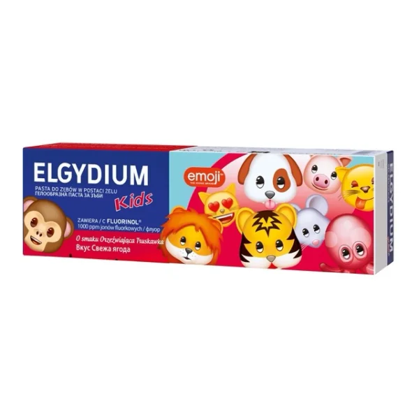 Elgydium Kids Emoji, pasta do zębów w postaci żelu dla dzieci, Orzeźwiająca Truskawka, 3-6 lat, 50 ml