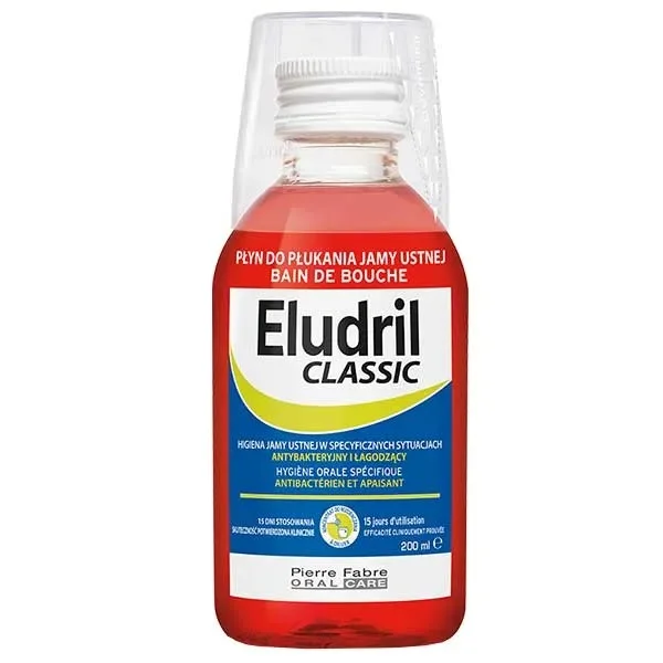Eludril Classic, płyn do płukania jamy ustnej, antybakteryjny i łagodzący, 200 ml