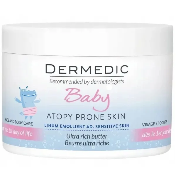 Dermedic Linum Emolient Baby, masło intensywnie natłuszczające do twarzy i ciała od 1 dnia życia, skóra sucha, bardzo sucha i atopowa, 225 g