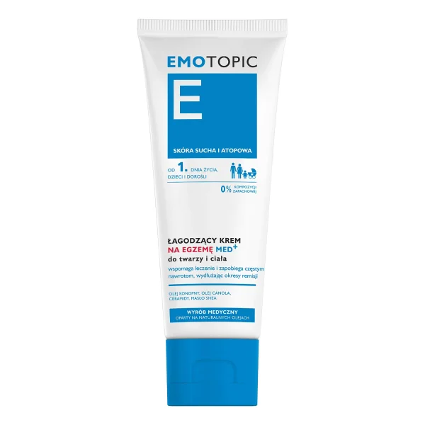 Emotopic E Med+, łagodzący krem na egzemę do twarzy i ciała, dla dorosłych i dzieci od 1 dnia życia, skóra sucha i atopowa, 75 ml
