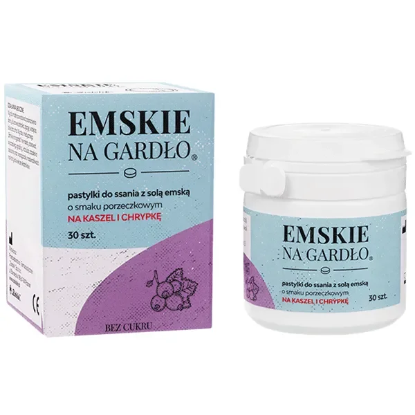 Emskie Na Gardło, pastylki do ssania z solą emską, bez cukru, smak porzeczkowy, 30 sztuk