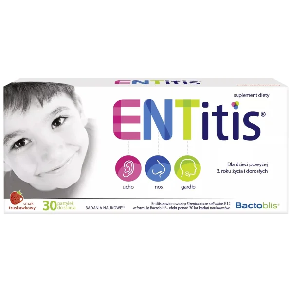 ENTitis dla dzieci powyżej 3 roku życia, smak truskawkowy, 30 pastylek do ssania