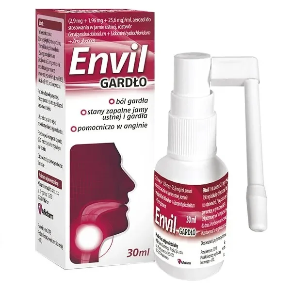 Envil Gardło (2,9 mg + 1,96 mg + 25,6 mg)/ml, aerozol do stosowania w jamie ustnej, roztwór 30 ml