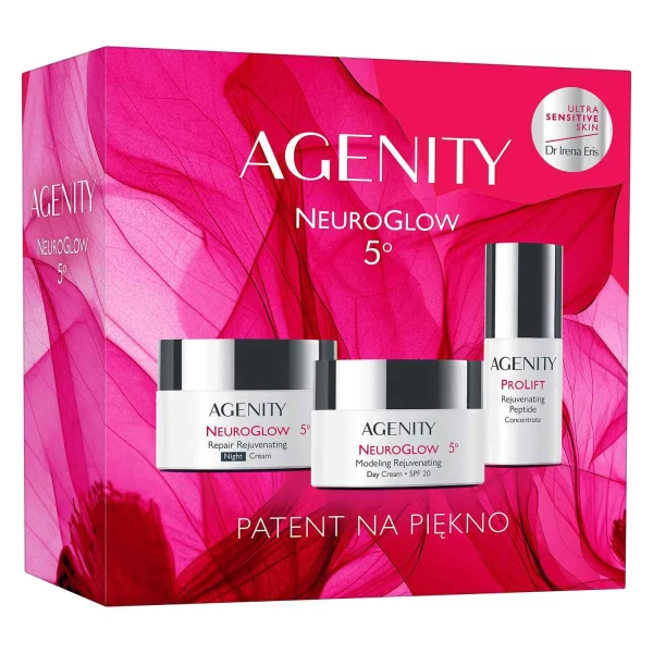 Zestaw Agenity 5° NeuroGlow 2025, modelujący krem odmładzający na dzień, SPF 20, 50 ml + naprawczy krem odmładzający na noc, 50 ml + odmładzający koncentrat peptydowy, 30 ml
