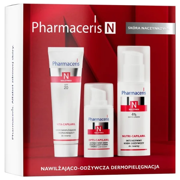 Zestaw Pharmaceris N, nawilżająco-odżywcza dermopielęgnacja skóry naczynkowej, krem, 50 ml + krem, 50 ml + krem pod oczy, 15 ml