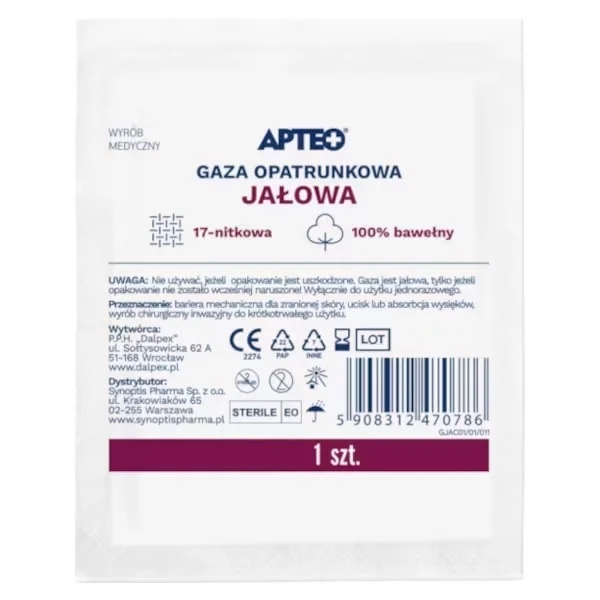 Synoptis Pharma Apteo, gaza jałowa, 17-nitkowa, 0,5 m2, 1 sztuka