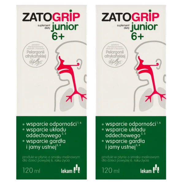 Zatogrip Junior 6+, syrop o smaku malinowym, 120 ml