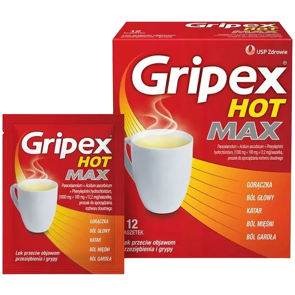 Gripex Hot Max 1000 mg + 100 mg + 12,2 mg, proszek do sporządzania roztworu doustnego, 12 saszetek