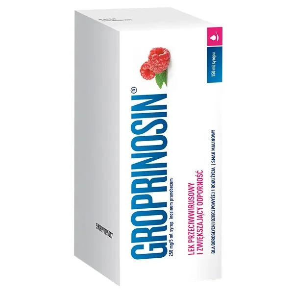 Groprinosin 250 mg/ 5ml, syrop dla dzieci powyżej 1 roku i dorosłych, smak malinowy, 150 ml