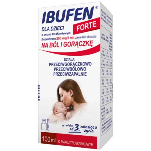 Ibufen dla dzieci Forte o smaku truskawkowym 200 mg/ 5 ml, zawiesina doustna od 3 miesiąca, 100 ml