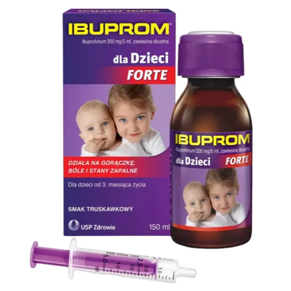 Ibuprom dla Dzieci Forte 200 mg/ 5 ml, zawiesina doustna, od 3 miesiąca życia, smak truskawkowy, 150 ml