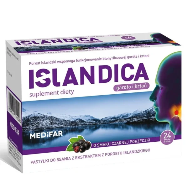 Islandica Gardło i Krtań o smaku czarnej porzeczki, 24 pastylki do ssania