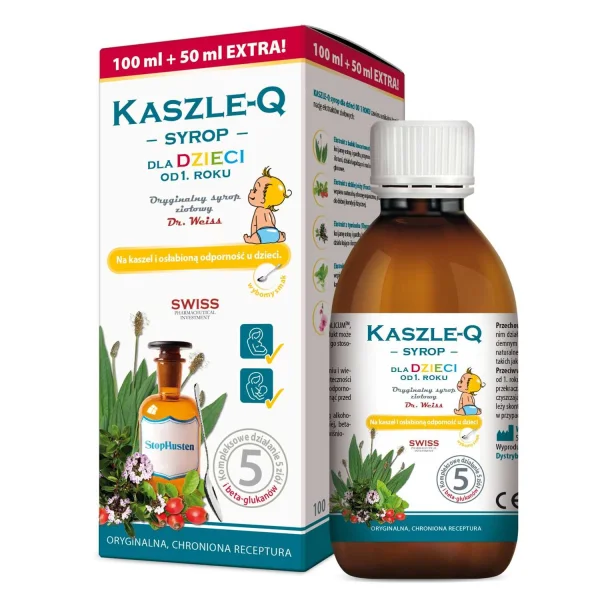 Kaszle-Q, syrop ziołowy na kaszel i osłabioną odporność, dla dzieci, od 1 roku, 150 ml