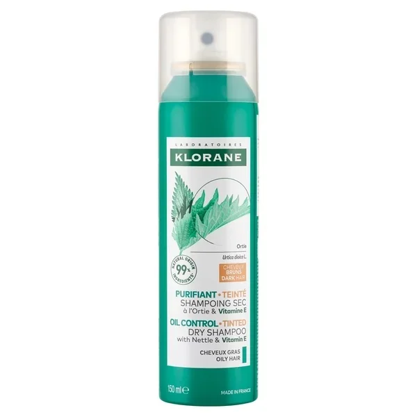 Klorane, seboregulujący szampon suchy z pigmentem z pokrzywą i witaminą E, włosy ciemne, 150 ml