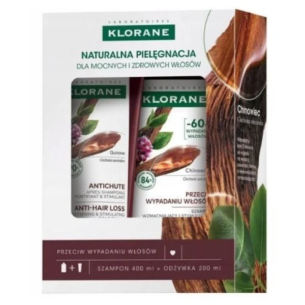 Zestaw Klorane Szampon wzmacniający z chininą, 400 ml + odżywka wzmacniająca, 200 ml