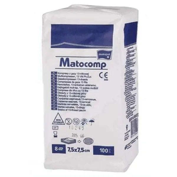 Matopat Matocomp, kompresy niejałowe z gazy, 13-nitkowe, 8-warstwowe, 7,5 cm x 7,5 cm, 100 sztuk