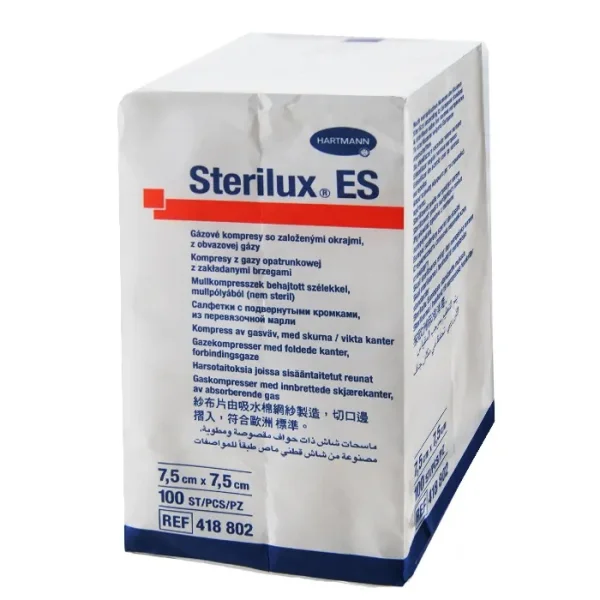 Sterilux ES, kompresy niejałowe z gazy, 17-nitkowe, 8-warstwowe, 7,5 cm x 7,5 cm, 100 sztuk
