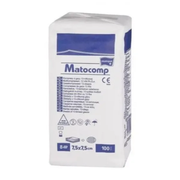Matopat Matocomp, kompresy niejałowe z gazy, 17-nitkowe, 8-warstwowe, 7,5 cm x 7,5 cm, 100 sztuk