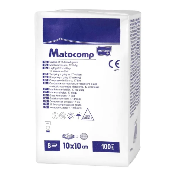 Matopat Matocomp, kompresy niejałowe z gazy, 17-nitkowe, 8-warstwowe, 10 cm x 10 cm, 100 sztuk
