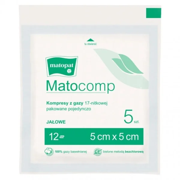 Matopat Matocomp, kompresy jałowe z gazy, 17-nitkowe, 12-warstwowe, 5 cm x 5 cm, 5 sztuk