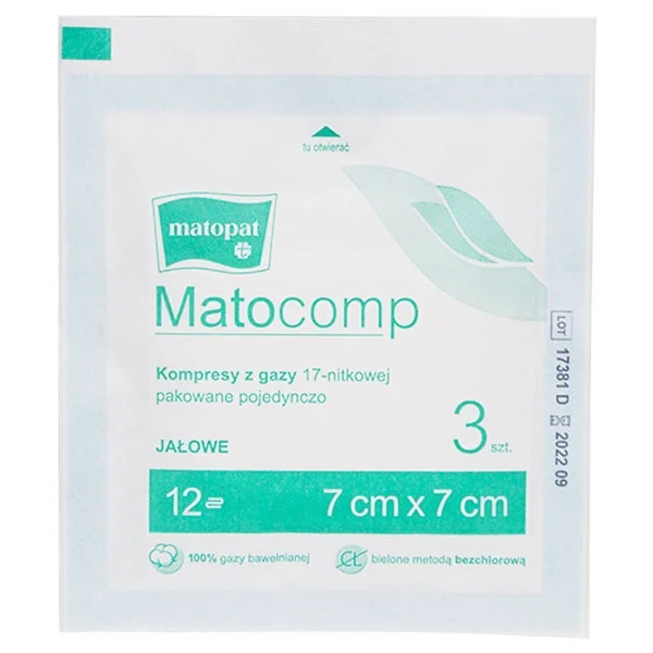 Matopat Matocomp, kompresy jałowe, 100% bawełny, 17-nitkowe, 12-warstwowe, 7 cm x 7 cm, 3 sztuki