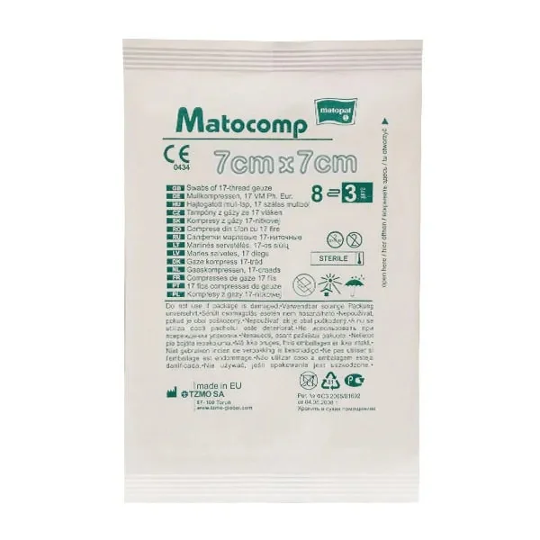 Matopat Matocomp, kompresy jałowe z gazy, 17-nitkowe, 8-warstwowe, 7 cm x 7 cm, 3 sztuk