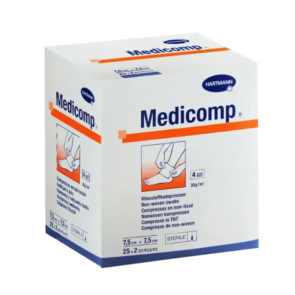 Medicomp, kompresy jałowe, włókninowe, 4-warstwowe, 30 g/m2, 7,5 cm x 7,5 cm, 50 sztuk