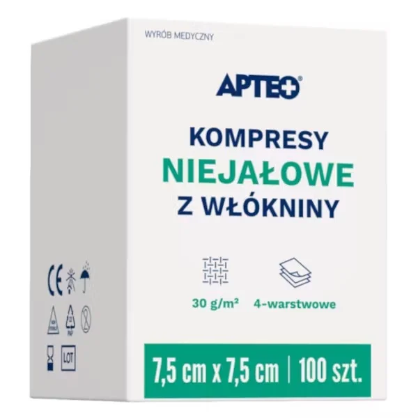 Apteo Kompresy niejałowe z włókniny, 7,5 cm x 7,5 cm, 100 sztuk