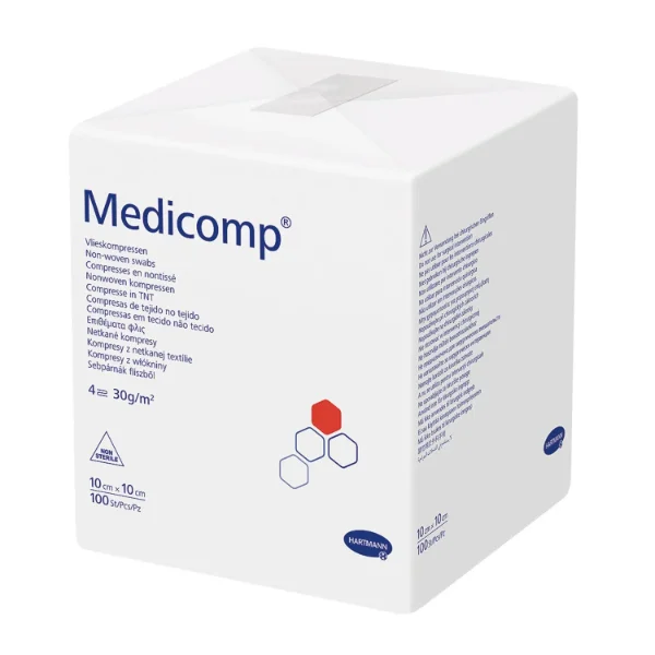 Medicomp, kompresy niejałowe, włókninowe, 4-warstwowe, 30 g/m2, 10 cm x 10 cm, 100 sztuk