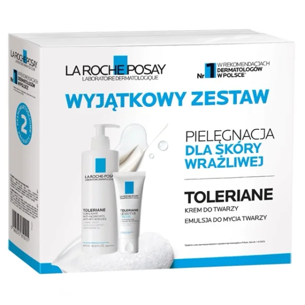 Zestaw La Roche-Posay Toleriane, łagodna emulsja oczyszczająca dla wrażliwej skóry twarzy, 400 ml + Sensitive krem nawilżający, 40 ml