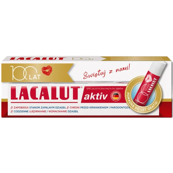 Lacalut Aktiv, pasta do zębów, 75 ml + pomadka do ust, 4,8 g gratis