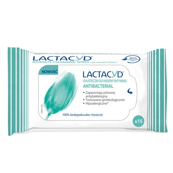 Lactacyd Antybacterial, chusteczki do higieny intymnej, 15 sztuk